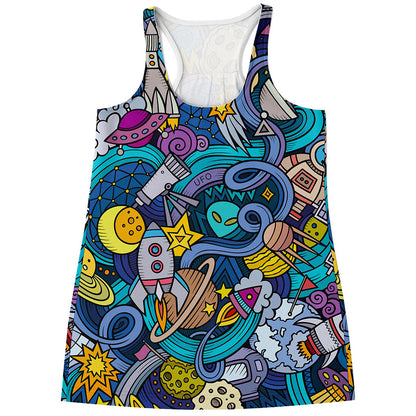 Abstract Cartoon Galaxy Space Print Women's Racerback Tank Top