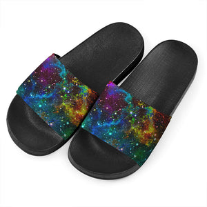 Abstract Colorful Galaxy Space Print Black Slide Sandals