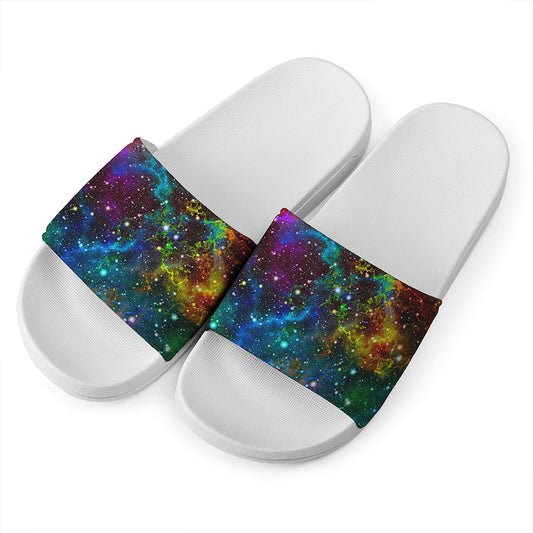 Abstract Colorful Galaxy Space Print White Slide Sandals