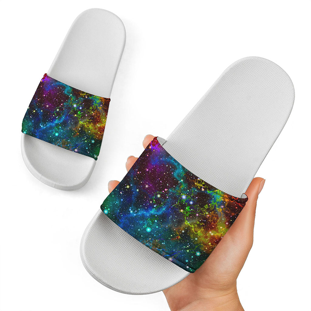 Abstract Colorful Galaxy Space Print White Slide Sandals