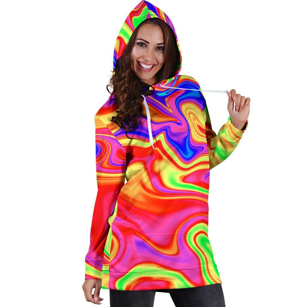 Abstract Colorful Liquid Trippy Print Hoodie Dress GearFrost