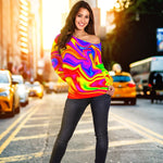 Abstract Colorful Liquid Trippy Print Off Shoulder Sweatshirt GearFrost