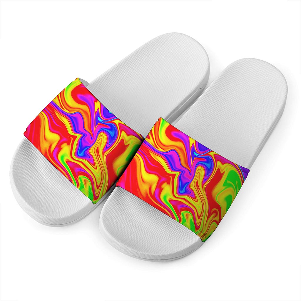 Abstract Colorful Liquid Trippy Print White Slide Sandals