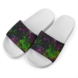 Abstract Dark Galaxy Space Print White Slide Sandals