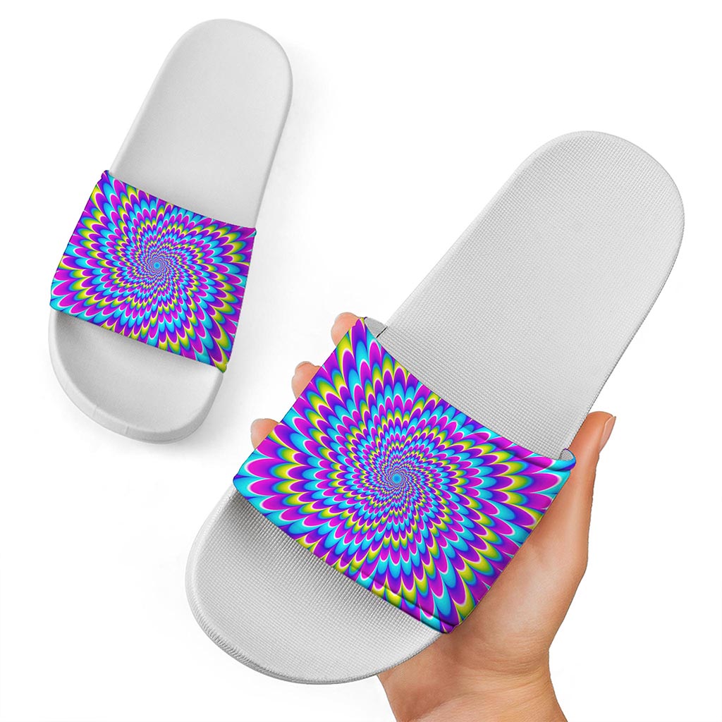 Abstract Dizzy Moving Optical Illusion White Slide Sandals