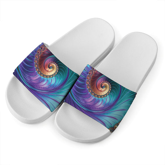 Abstract Fractal Print White Slide Sandals