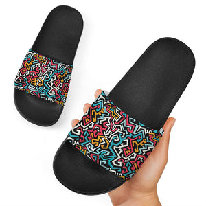 Abstract Funky Pattern Print Black Slide Sandals