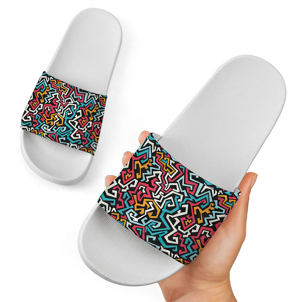 Abstract Funky Pattern Print White Slide Sandals