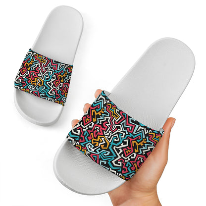 Abstract Funky Pattern Print White Slide Sandals