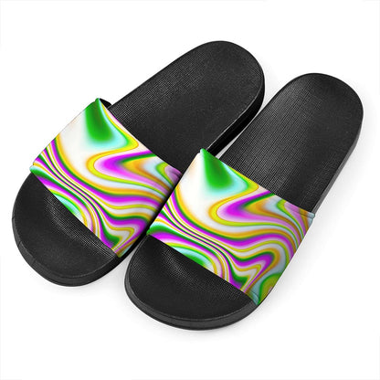 Abstract Holographic Liquid Trippy Print Black Slide Sandals