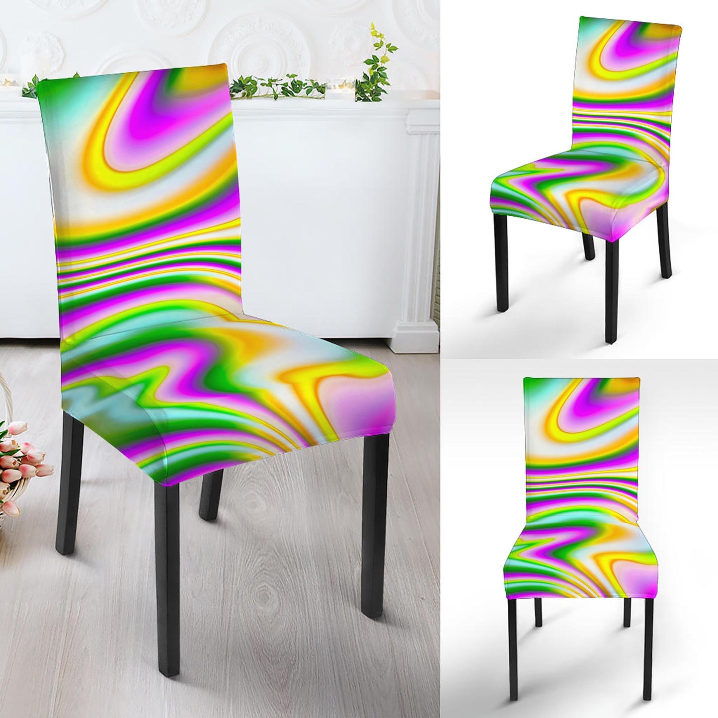 Abstract Holographic Liquid Trippy Print Dining Chair Slipcover