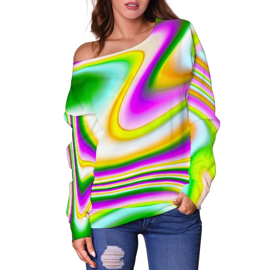 Abstract Holographic Liquid Trippy Print Off Shoulder Sweatshirt GearFrost