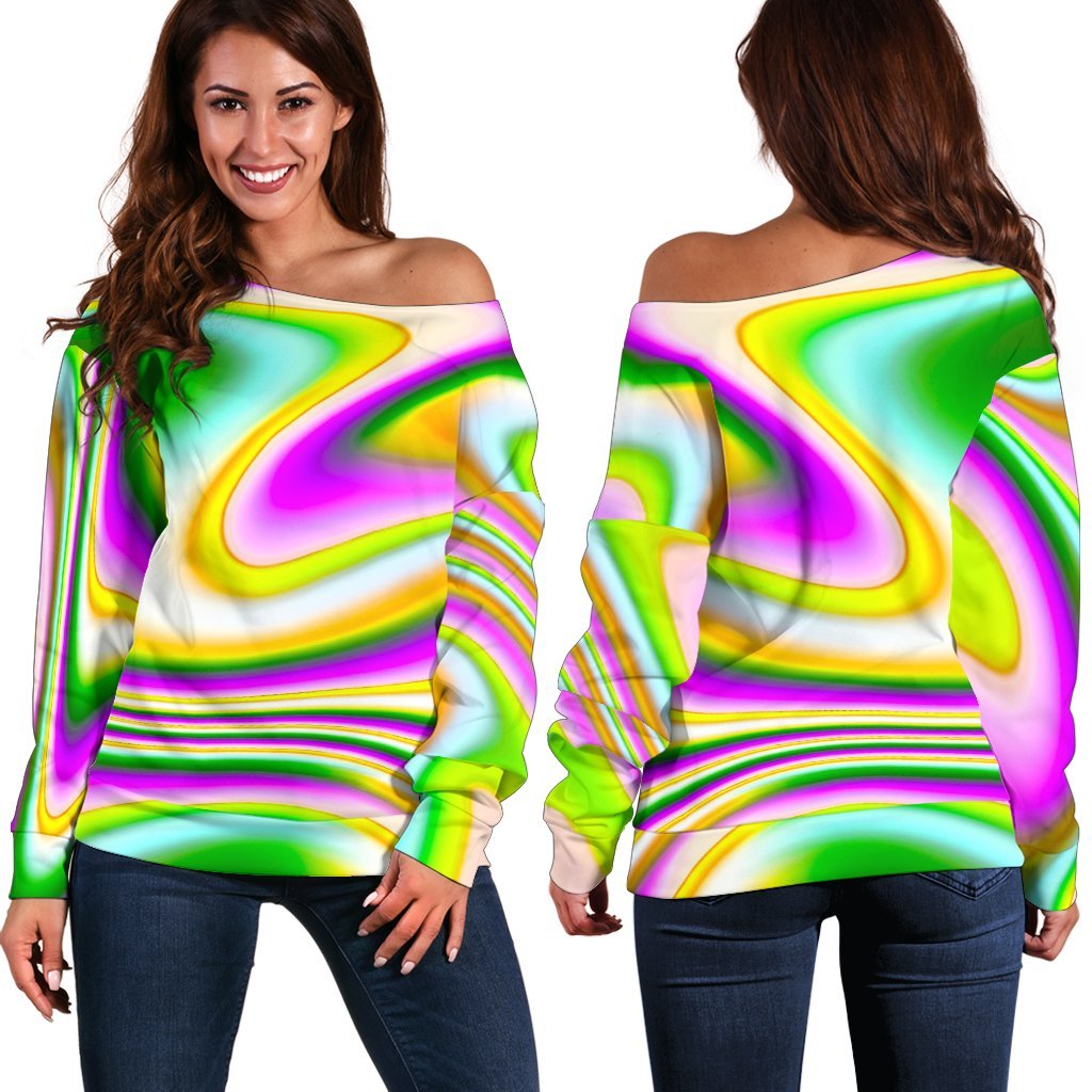 Abstract Holographic Liquid Trippy Print Off Shoulder Sweatshirt GearFrost