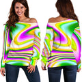 Abstract Holographic Liquid Trippy Print Off The Shoulder Sweatshirt