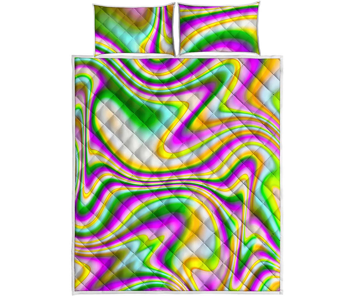 Abstract Holographic Liquid Trippy Print Quilt Bed Set