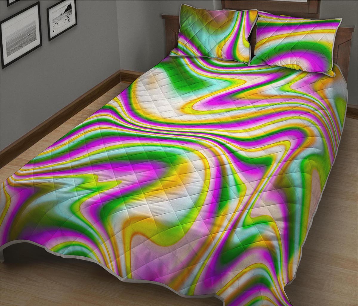 Abstract Holographic Liquid Trippy Print Quilt Bed Set