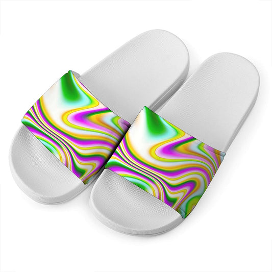 Abstract Holographic Liquid Trippy Print White Slide Sandals