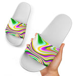 Abstract Holographic Liquid Trippy Print White Slide Sandals