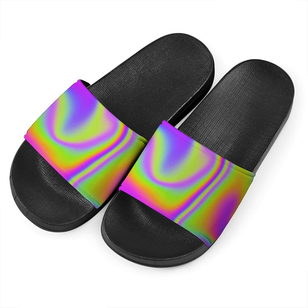 Abstract Holographic Trippy Print Black Slide Sandals