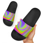 Abstract Holographic Trippy Print Black Slide Sandals