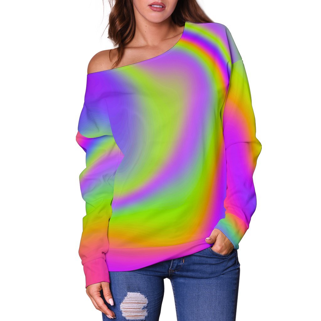 Abstract Holographic Trippy Print Off Shoulder Sweatshirt GearFrost