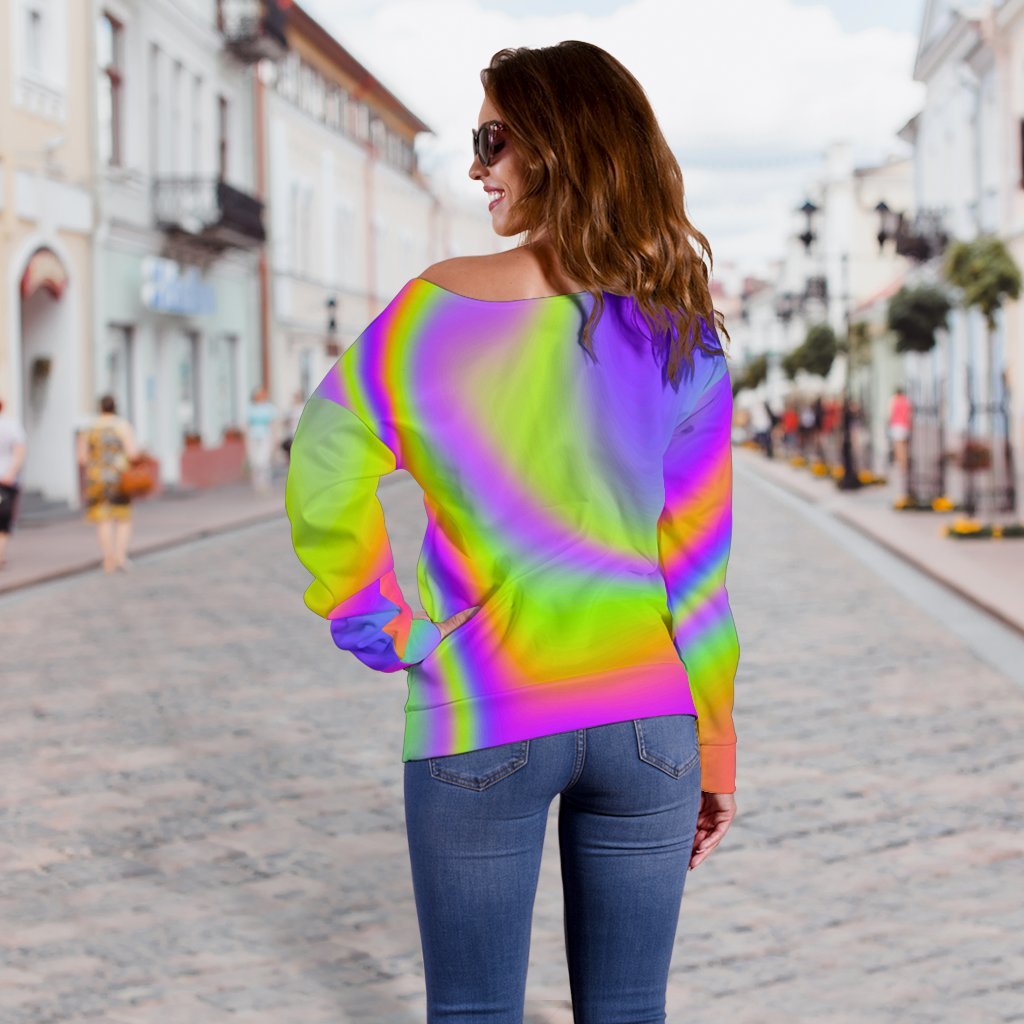 Abstract Holographic Trippy Print Off Shoulder Sweatshirt GearFrost