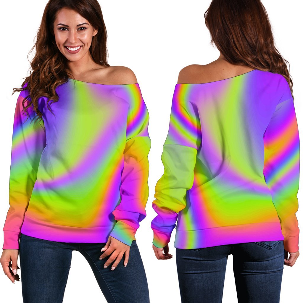 Abstract Holographic Trippy Print Off Shoulder Sweatshirt GearFrost