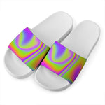 Abstract Holographic Trippy Print White Slide Sandals