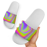 Abstract Holographic Trippy Print White Slide Sandals