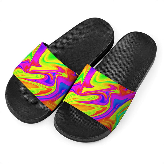 Abstract Liquid Trippy Print Black Slide Sandals