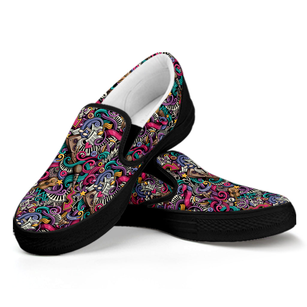 Abstract Music Pattern Print Black Slip On Shoes