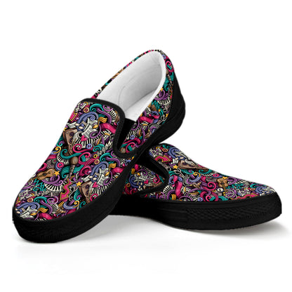 Abstract Music Pattern Print Black Slip On Shoes