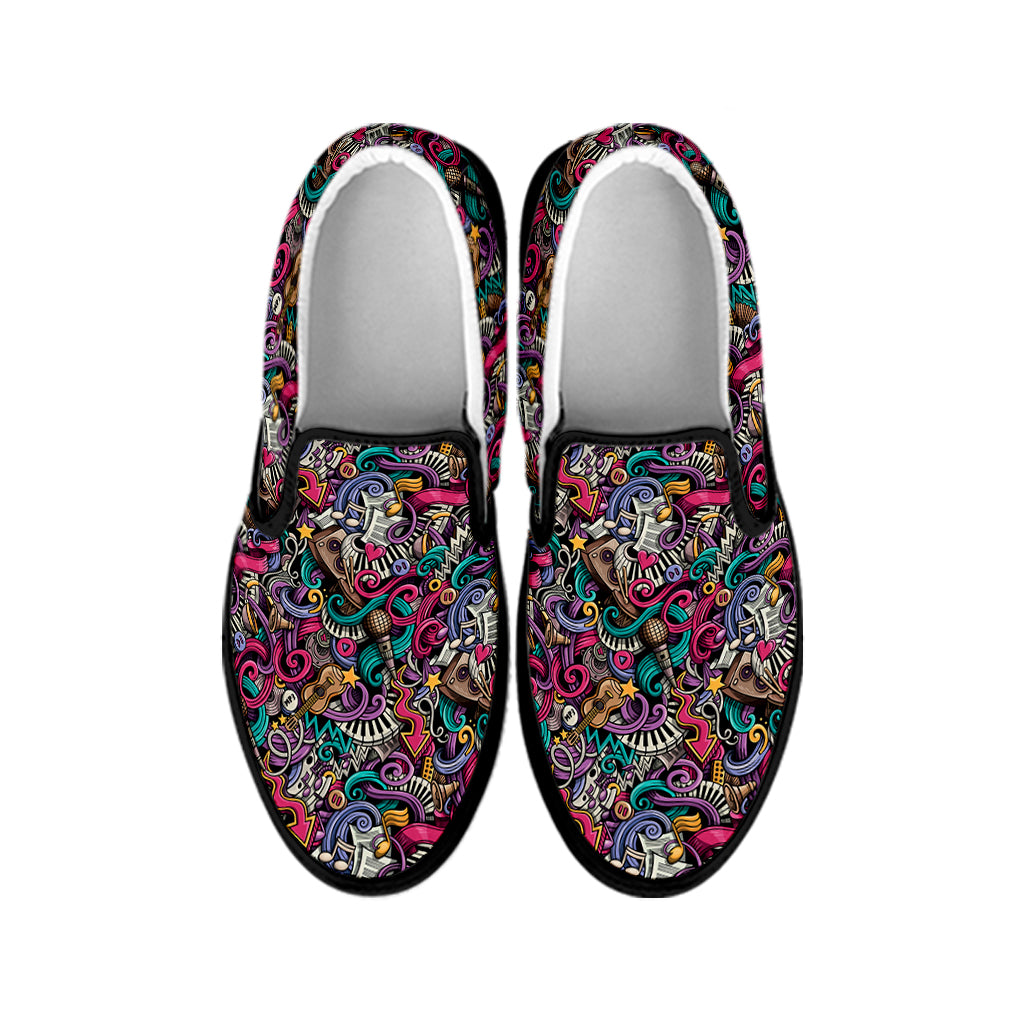 Abstract Music Pattern Print Black Slip On Shoes