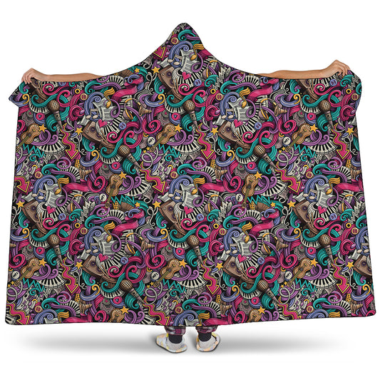 Abstract Music Pattern Print Hooded Blanket