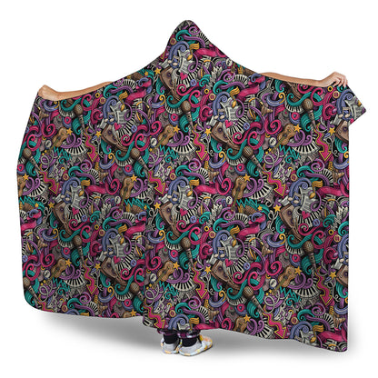 Abstract Music Pattern Print Hooded Blanket