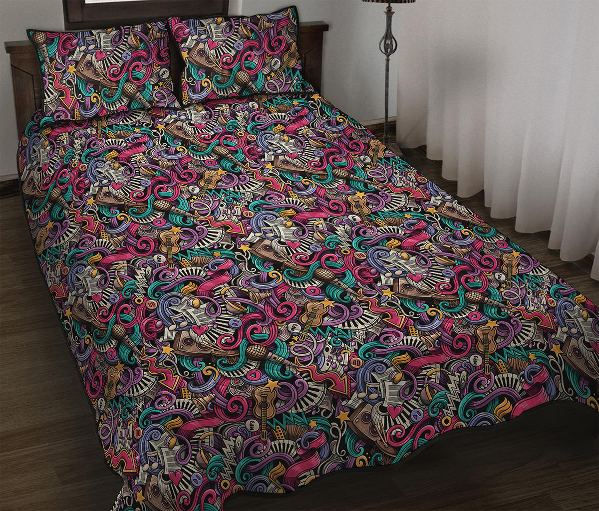 Abstract Music Pattern Print Quilt Bed Set