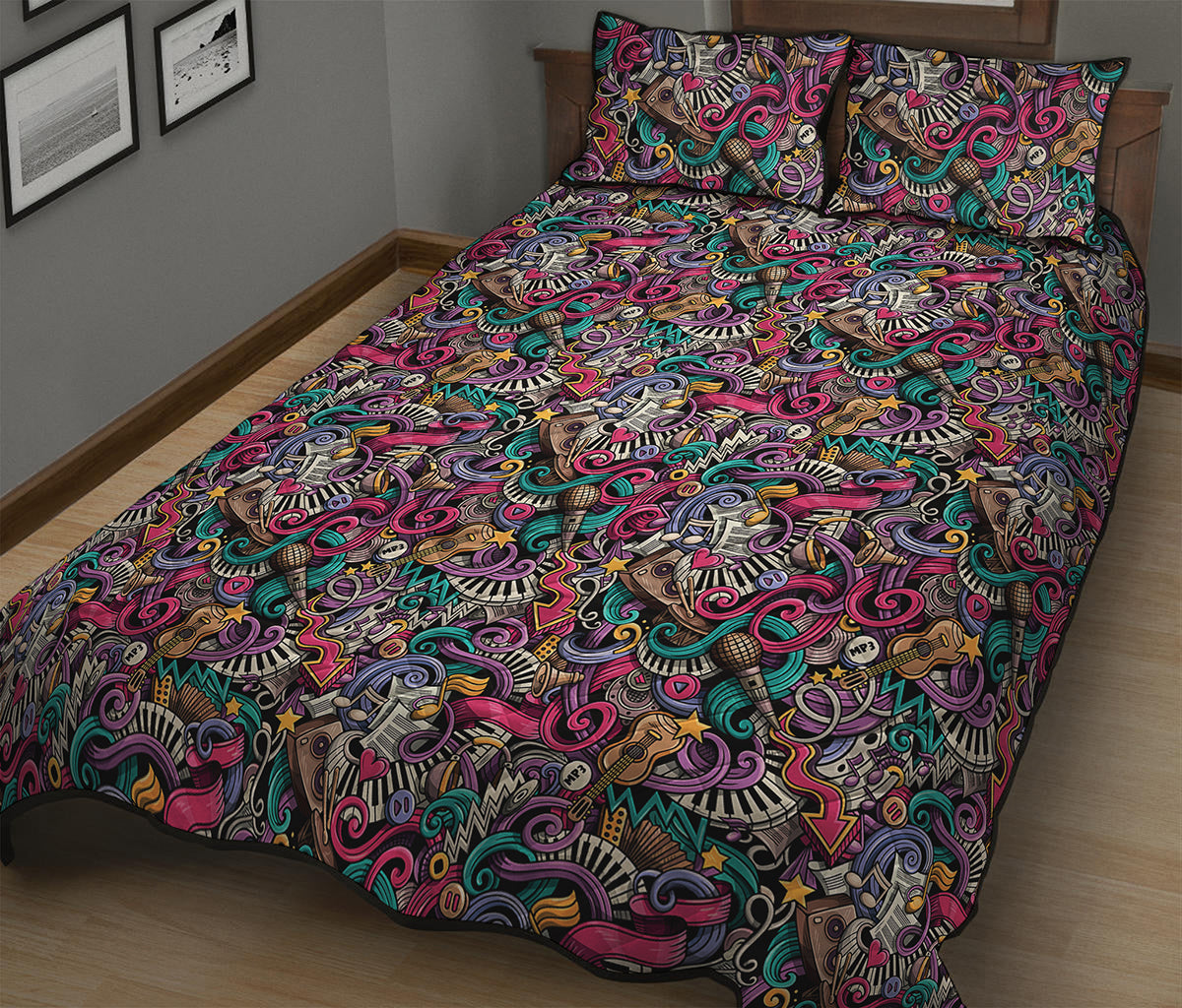 Abstract Music Pattern Print Quilt Bed Set
