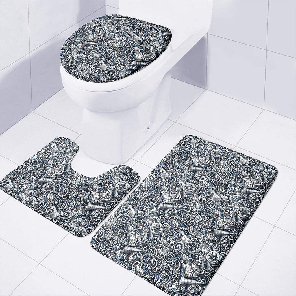 Abstract Nautical Anchor Pattern Print 3 Piece Bath Mat Set