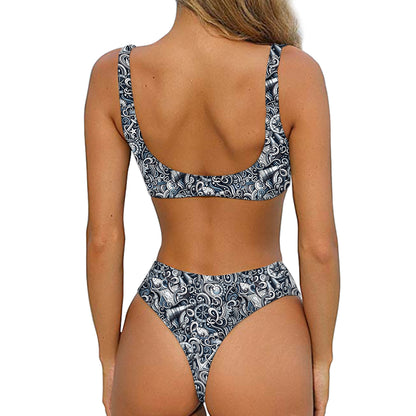 Abstract Nautical Anchor Pattern Print Front Bow Tie Bikini