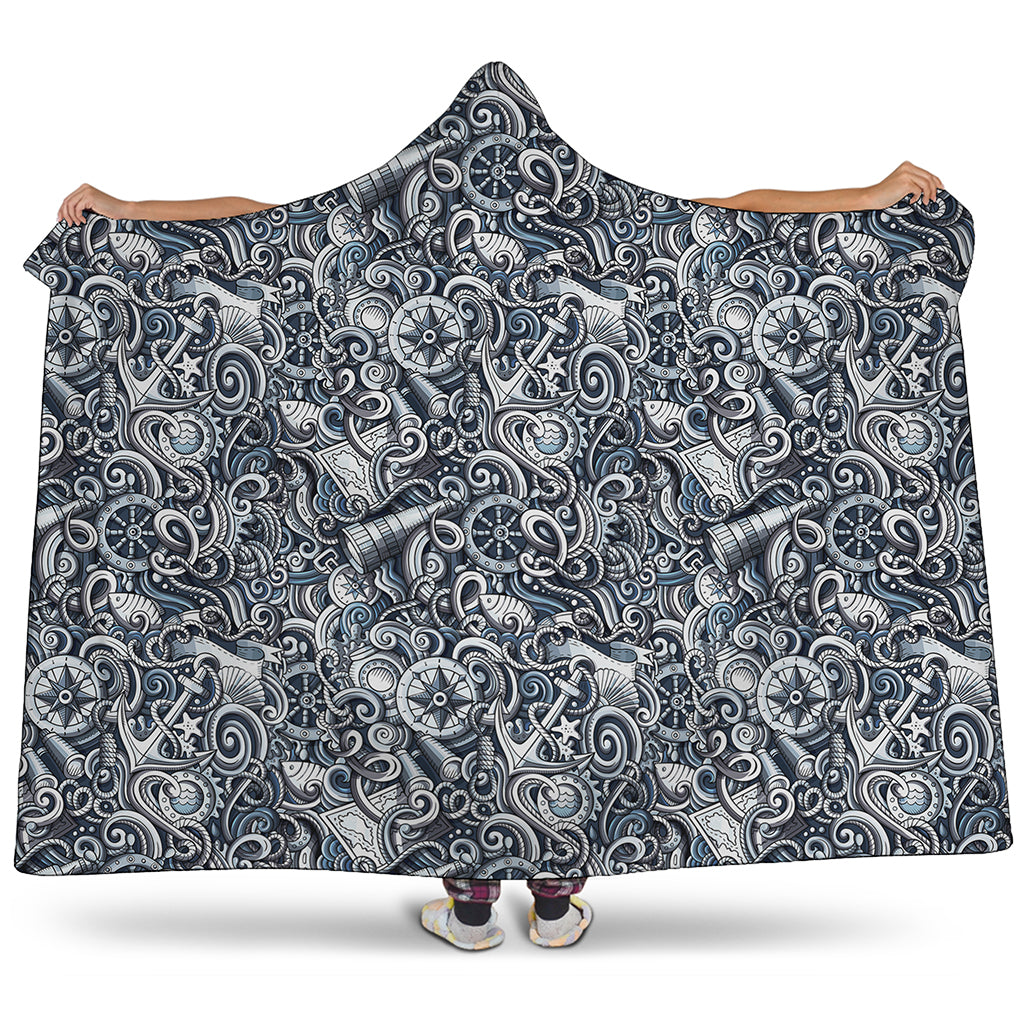Abstract Nautical Anchor Pattern Print Hooded Blanket