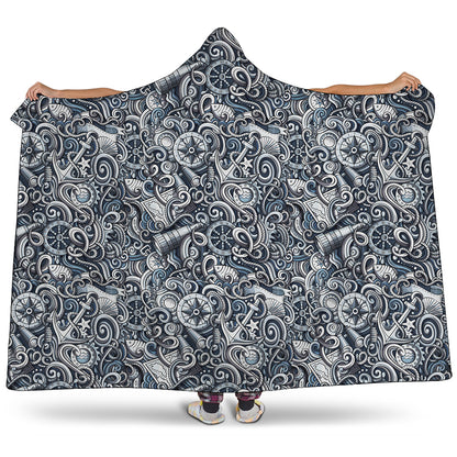 Abstract Nautical Anchor Pattern Print Hooded Blanket