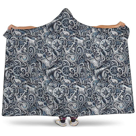 Abstract Nautical Anchor Pattern Print Hooded Blanket