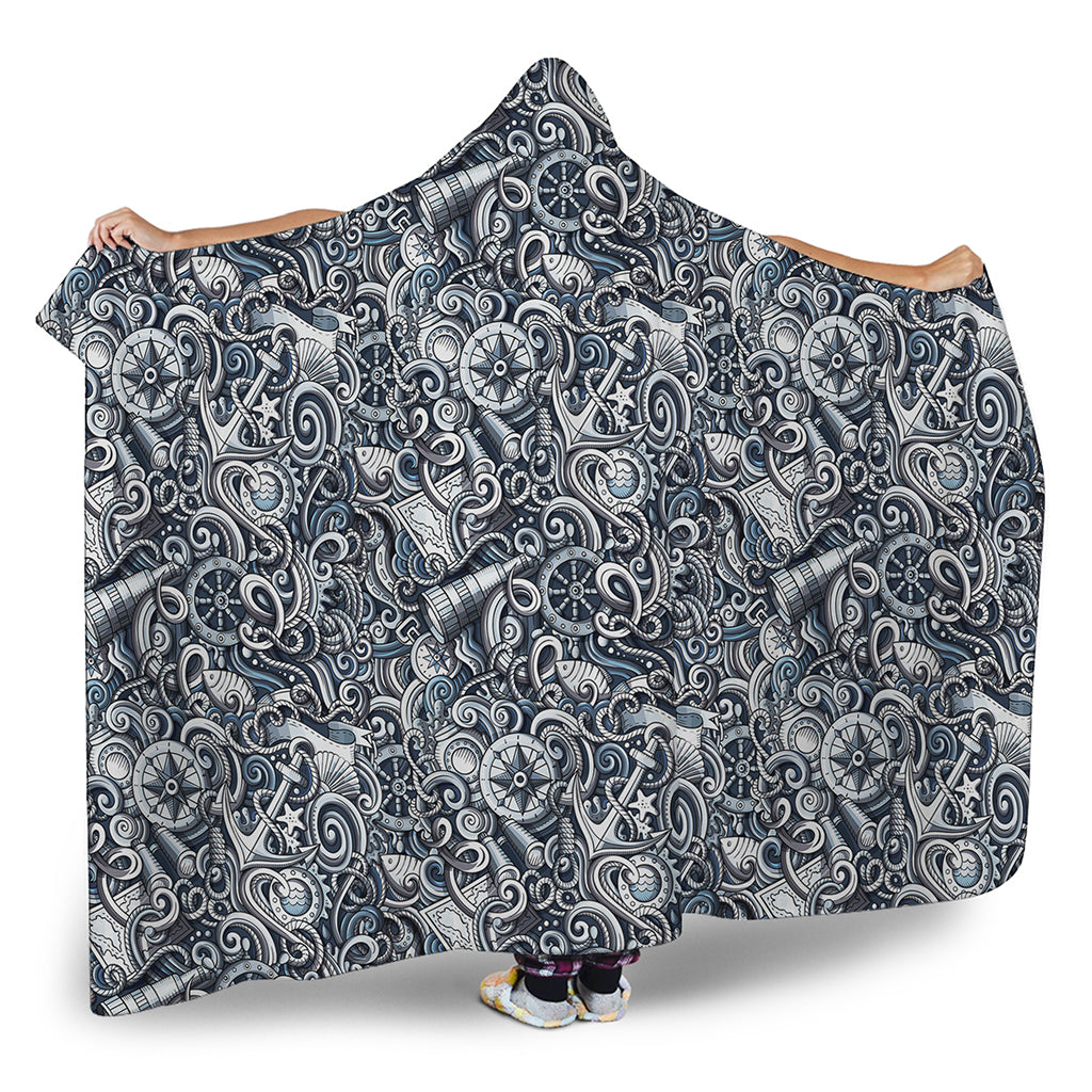 Abstract Nautical Anchor Pattern Print Hooded Blanket