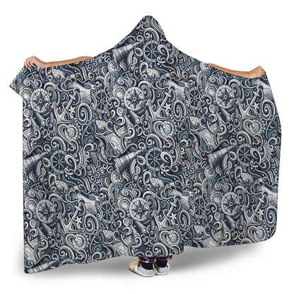 Abstract Nautical Anchor Pattern Print Hooded Blanket