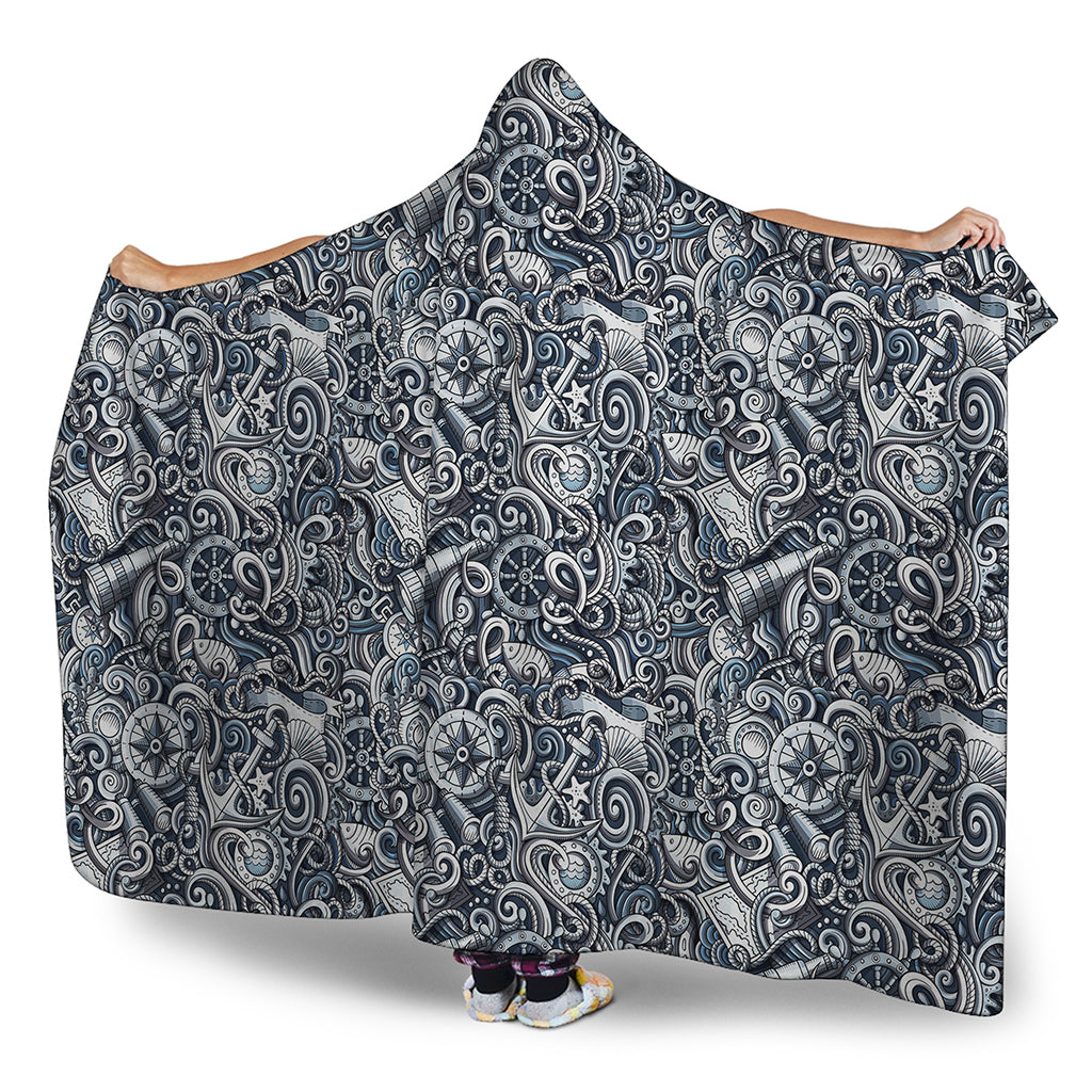 Abstract Nautical Anchor Pattern Print Hooded Blanket