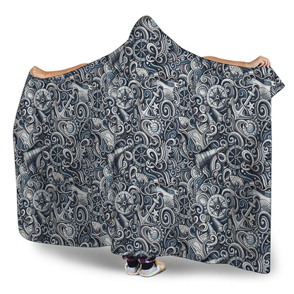 Abstract Nautical Anchor Pattern Print Hooded Blanket