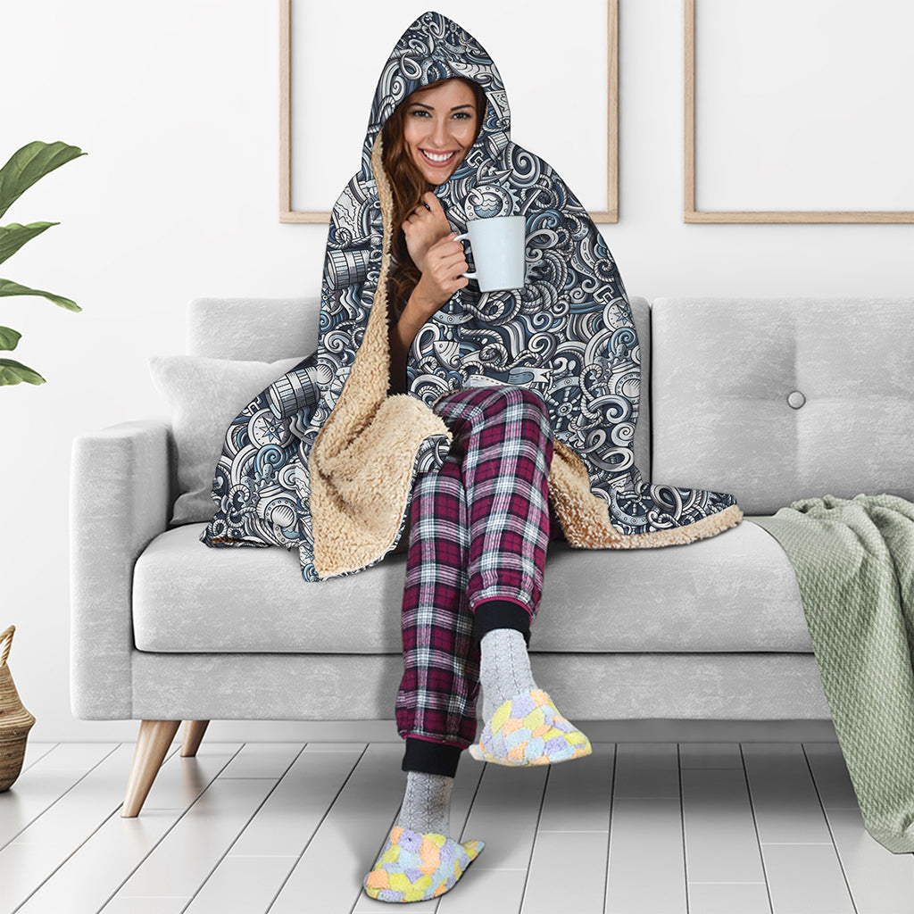 Abstract Nautical Anchor Pattern Print Hooded Blanket