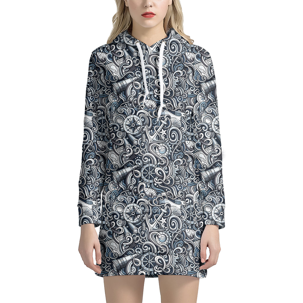 Abstract Nautical Anchor Pattern Print Hoodie Dress