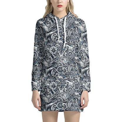 Abstract Nautical Anchor Pattern Print Hoodie Dress