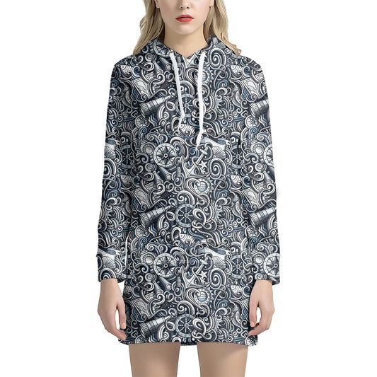 Abstract Nautical Anchor Pattern Print Hoodie Dress
